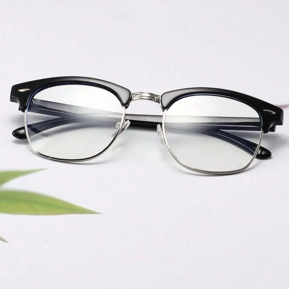 Unisex Black Browline Half Frame Clear Lens Square Fashion Glasses